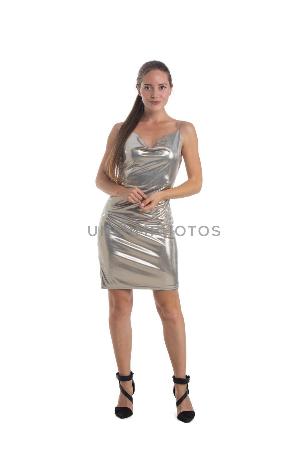 Woman in silver short dress on white by ALotOfPeople