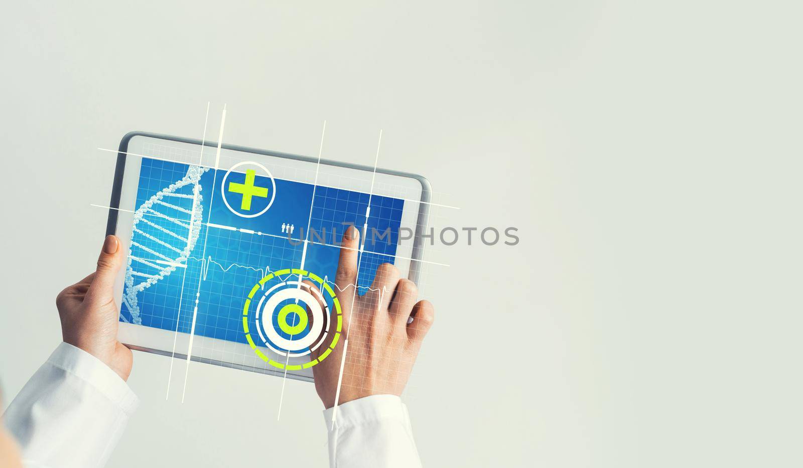 Tablet pc device with medicine interface screen in hands of doctor