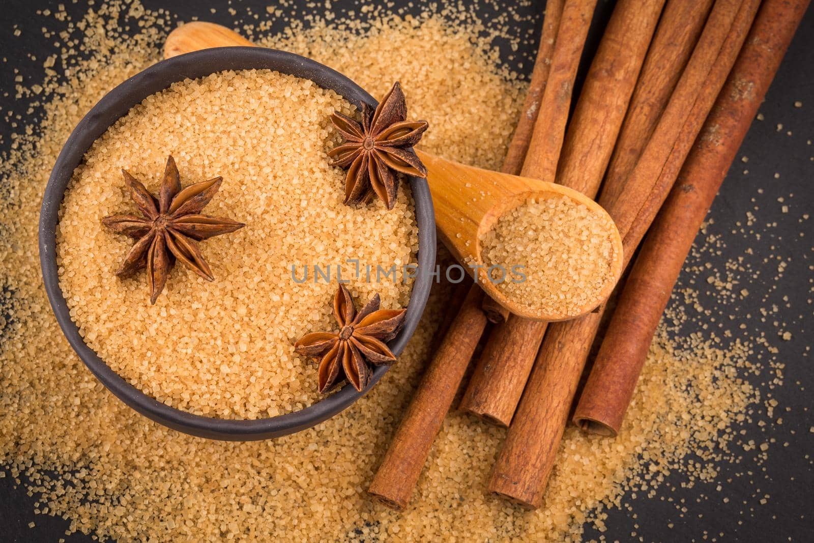 star anise and cinnamon on a background of the tropical brown sugar