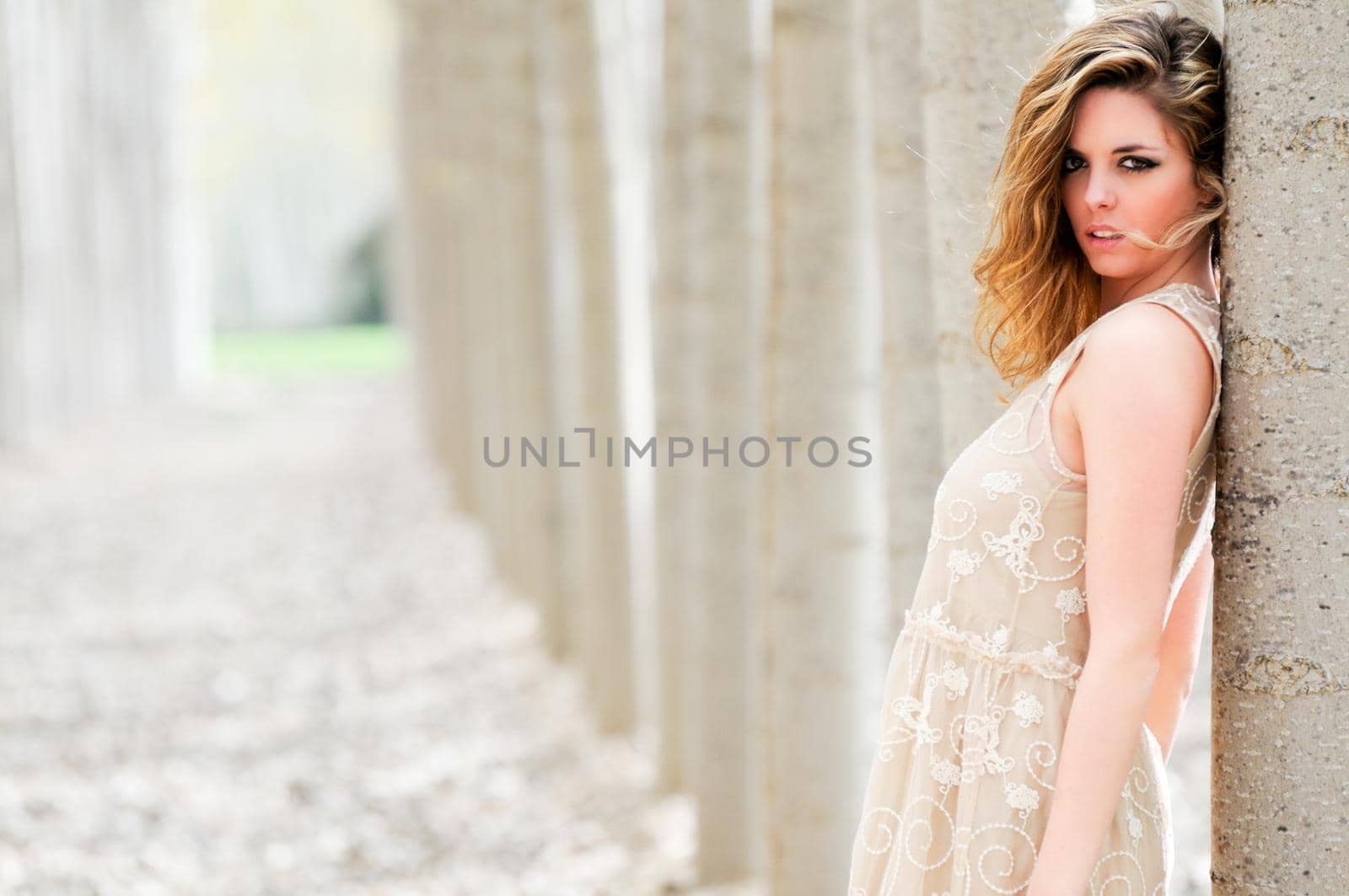 Beautiful blonde girl, dressed with a beige dress, standing in a poplar forest