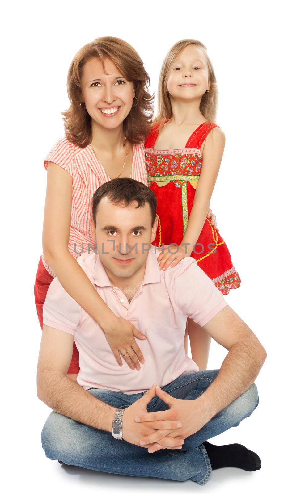 Happy family of three. Dad, mom and little daughter-Isolated on white background