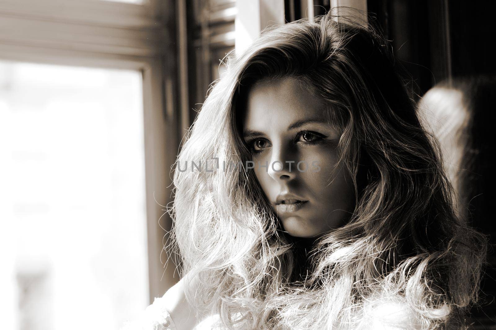 Portrait of a sexy blonde woman, model of fashion, in window