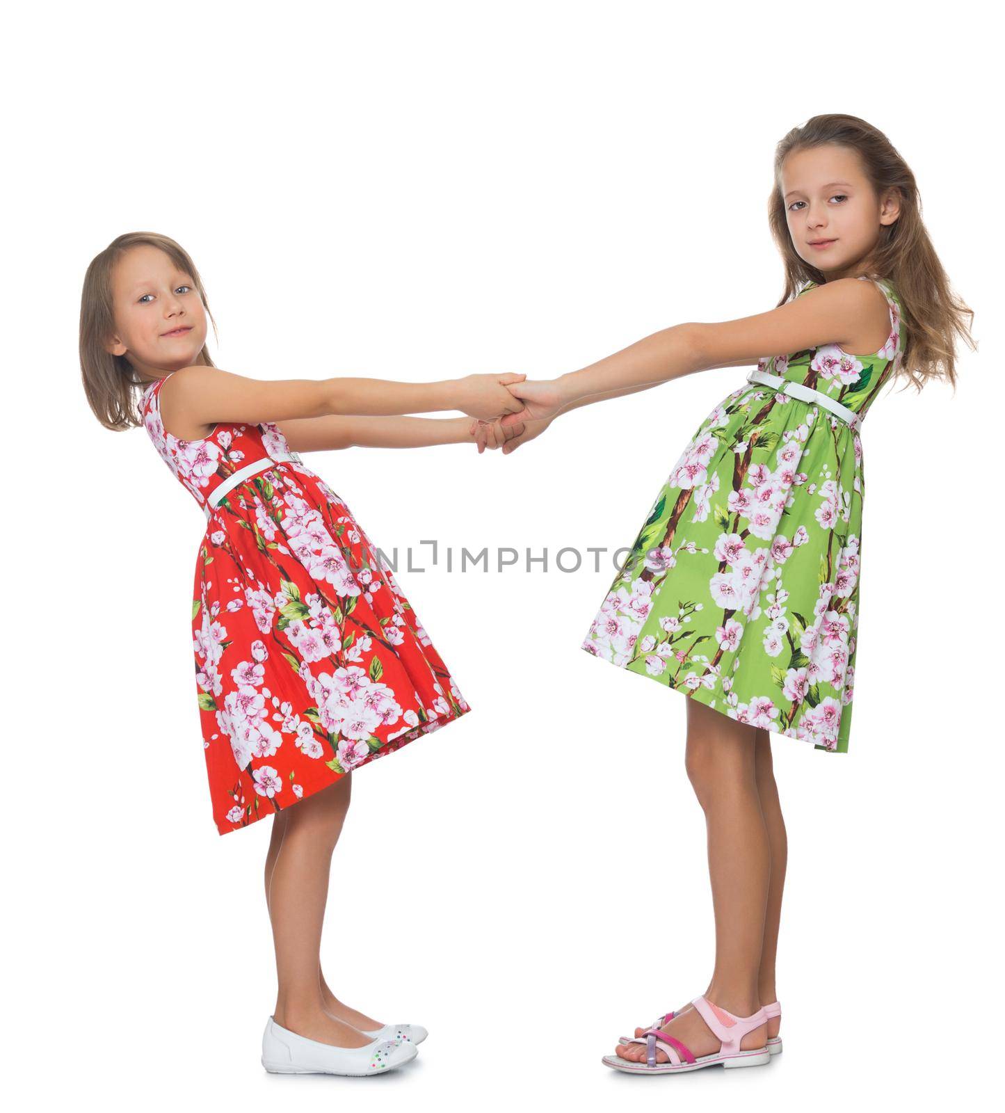 Two beautiful little girls in fancy dresses holding hands- Isolated on white background