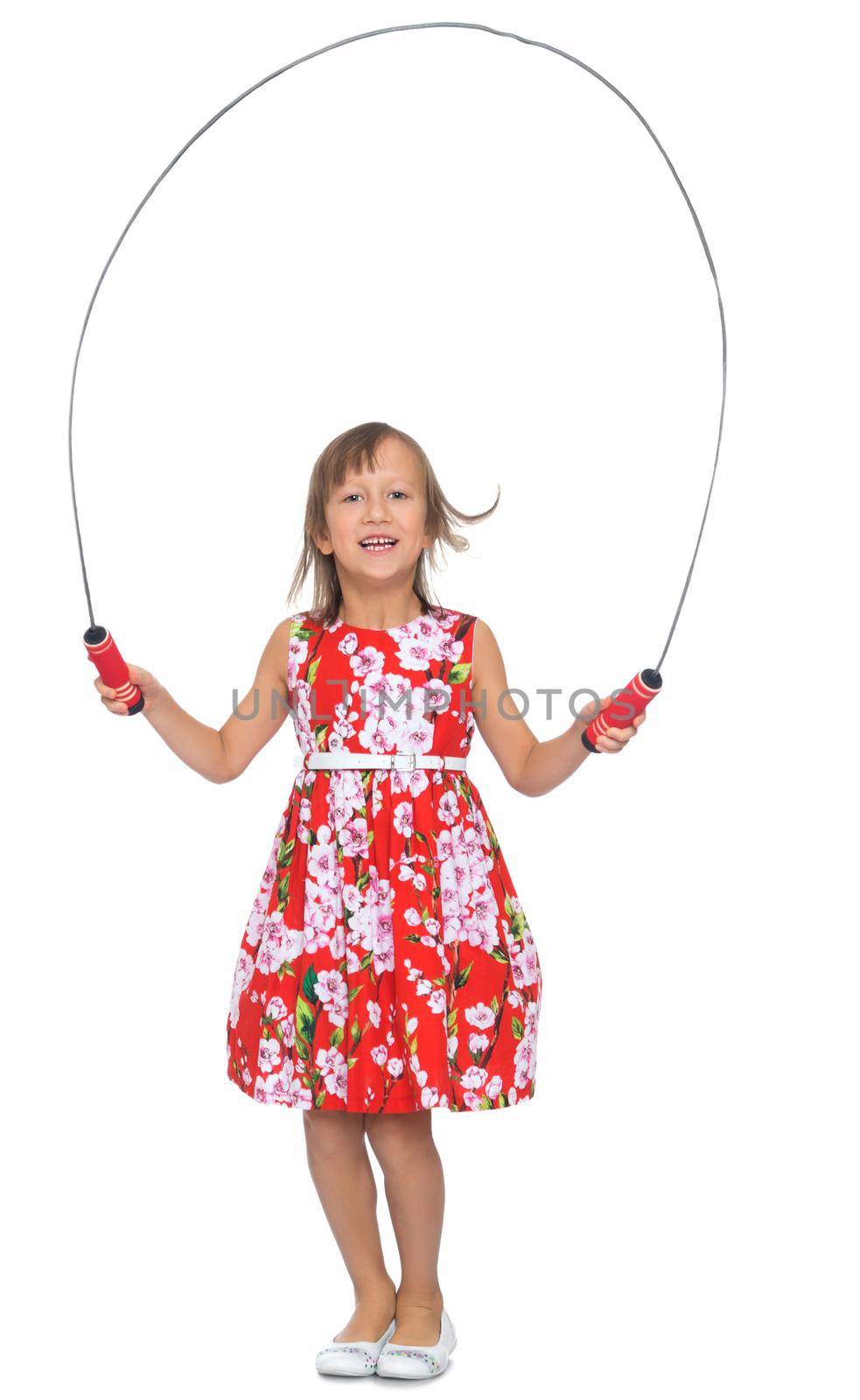 Cheerful little girl jumping rope - Isolated on white background