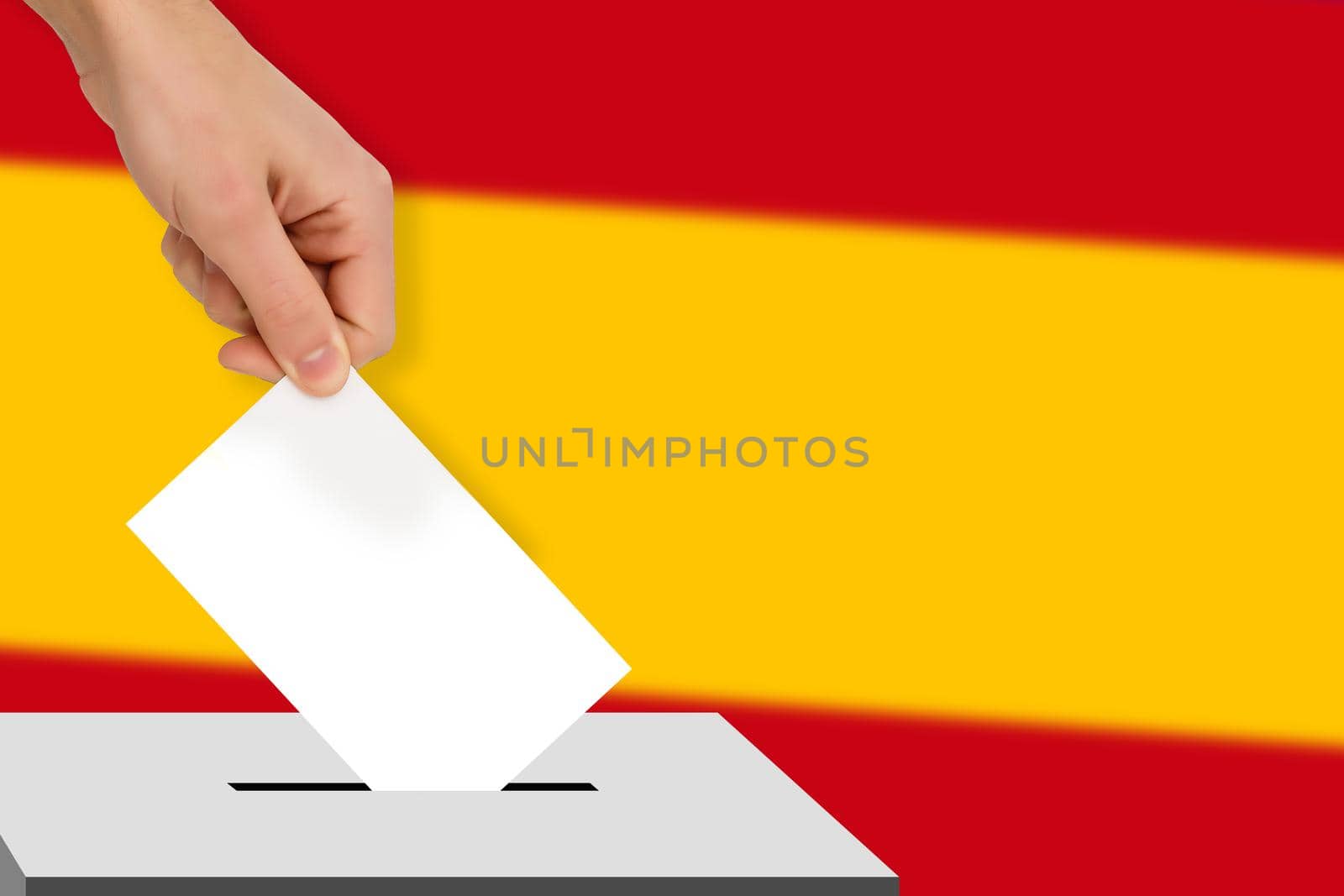 hand drops the ballot election against the background of the spain flag, concept of state elections, referendum by Andelov13