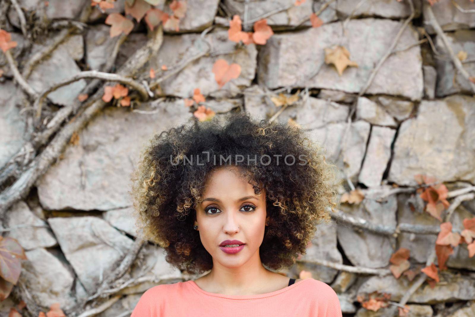 Mixed woman with afro hairstyle standing in an urban park