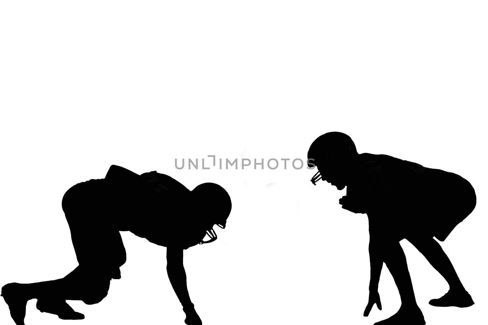 American football player in action, silhouette isolated on white background. Sportsman in full equipment on court. Rugby sport man, popular super star collage sport