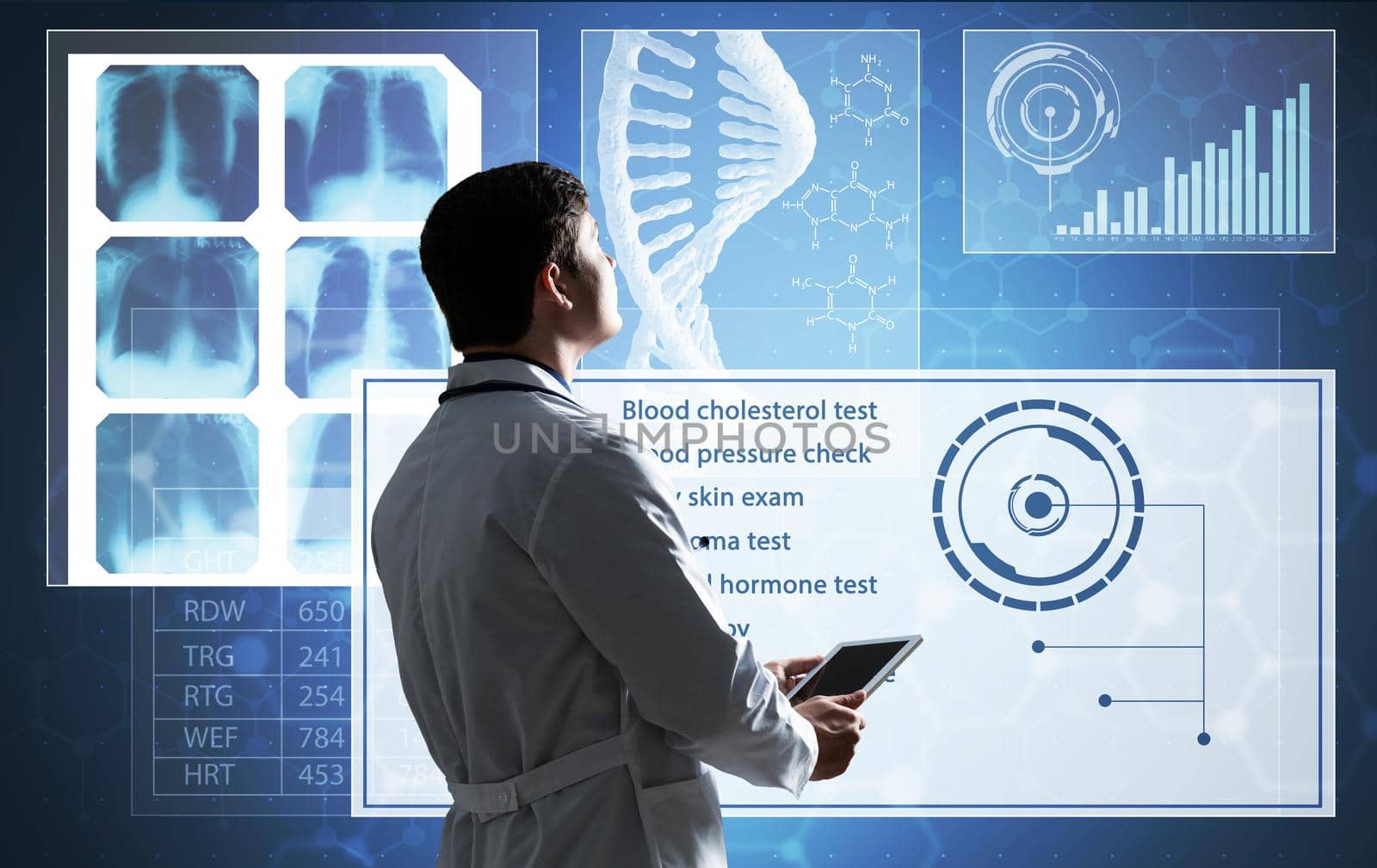 The doctor works with the digital interface. Digital Medicine Concept