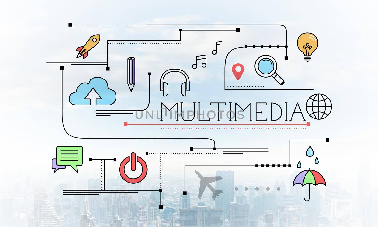Multimedia content linear sketch on background of modern cityscape. Strategy planning and analysis. Mind map of online media streaming and production. Commercial marketing and business presentation.