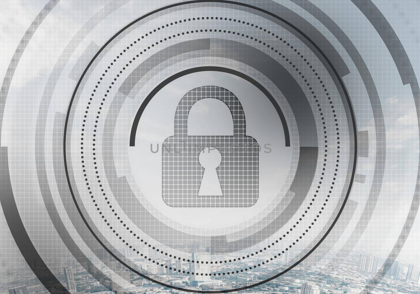Virtual locking mechanism on background of downtown. Internet concept for identity and access management. Future cyber technology web services for business. Protect personal data and online privacy.