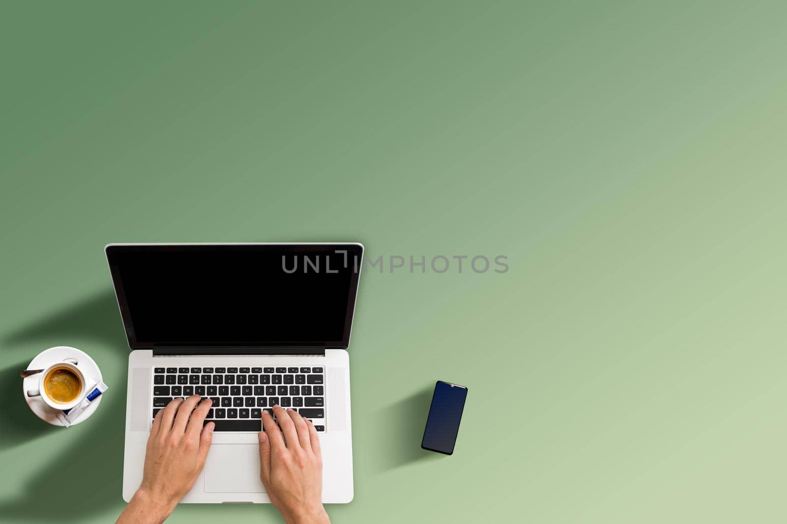 Man working with laptop, top view.