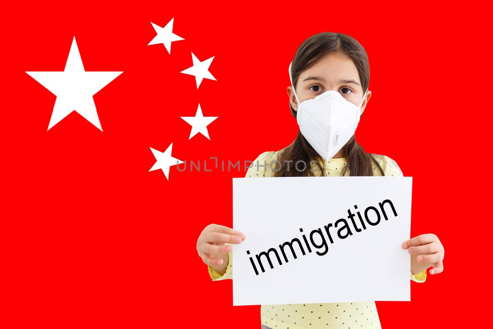 little girl in medical protective mask on background of China flag with inscription 2019-nCov, Coronavirus.