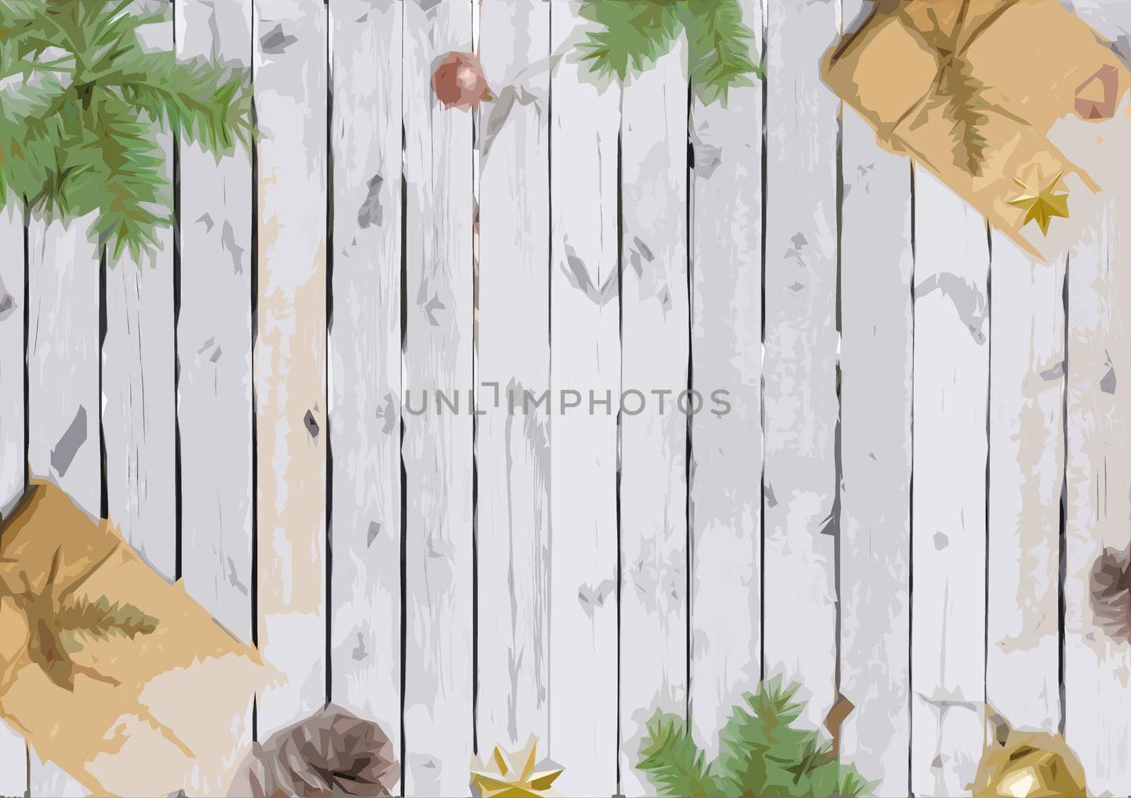 white wooden background decorated with pine leaves and boxes