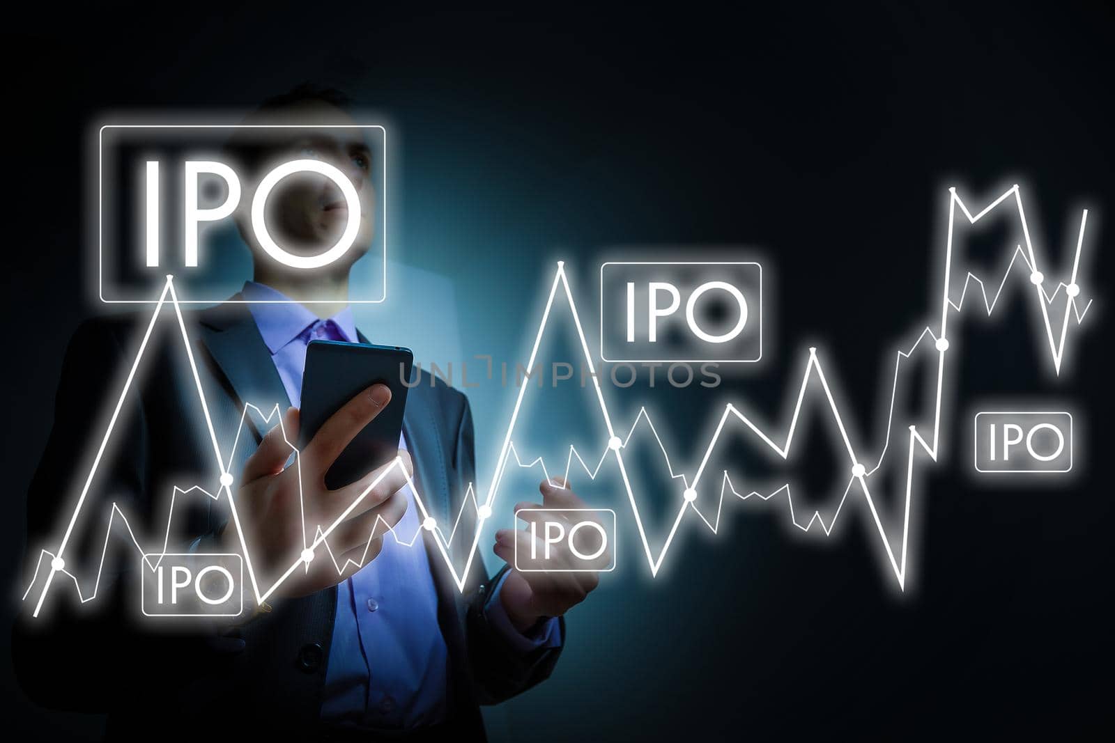 Businessman hand touching IPO or Initial Public Offering sign on virtual screen. by Andelov13