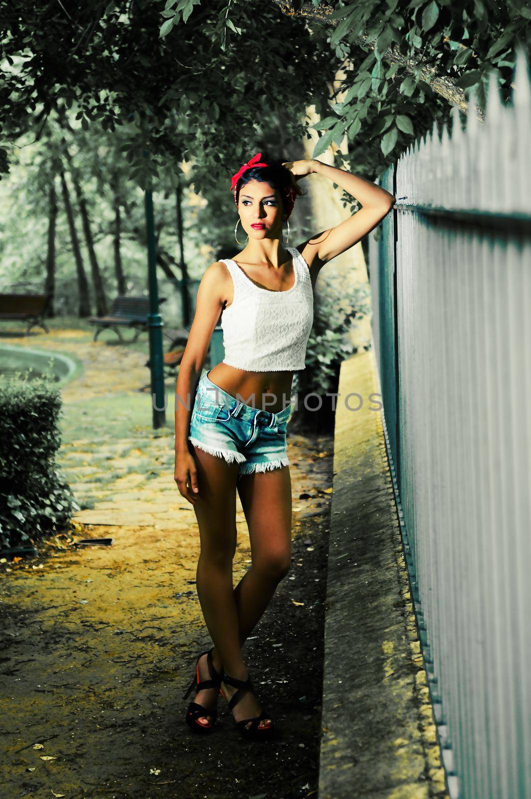 Portrait of a pin-up girl. American style, in a garden, wearing jeans and t-shirt