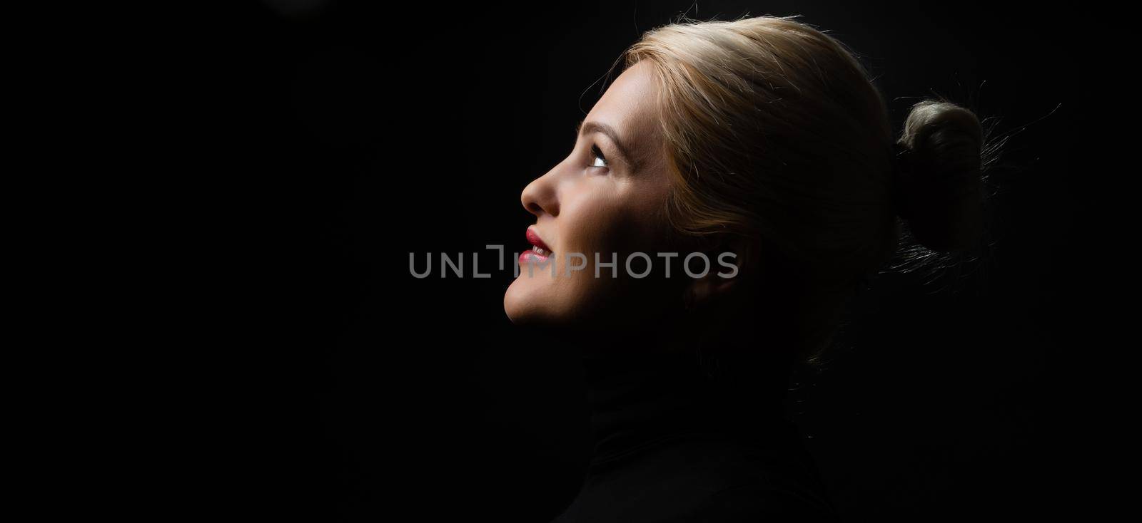 Young woman portrait. Closeup beauty studio shoot. Healthy clean skin and perfect makeup on beautiful face of white model with short blonde hair. Beautiful girl. by Andelov13