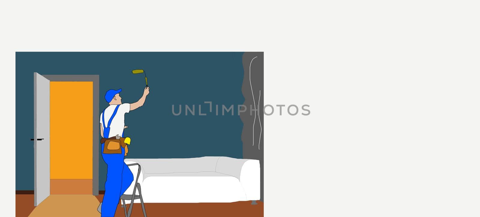 Making renovation and coloring walls concept. Young smiling man cartoon character standing holding paint brush roller i in hand feeling positive illustration by Andelov13