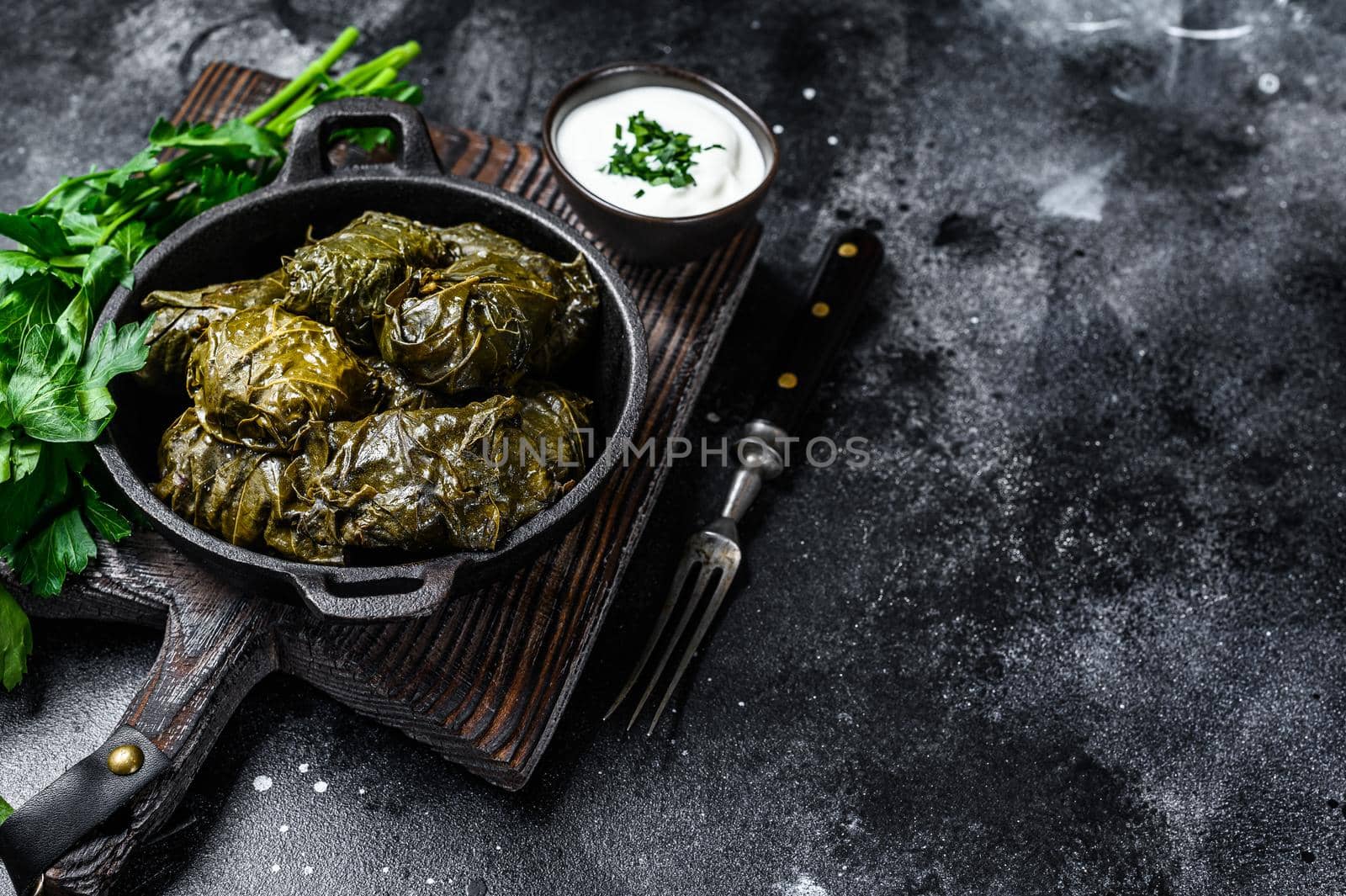 Dolma stuffed grape leaves with rice and meat. Black background. Top view. Copy space.