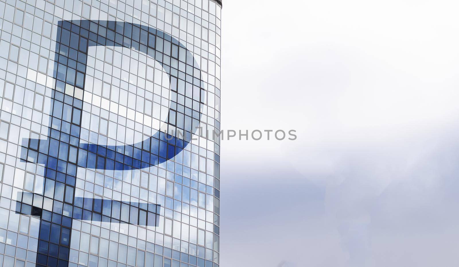 Ruble sign on a skyscraper building. Business and financial concept. High quality photo