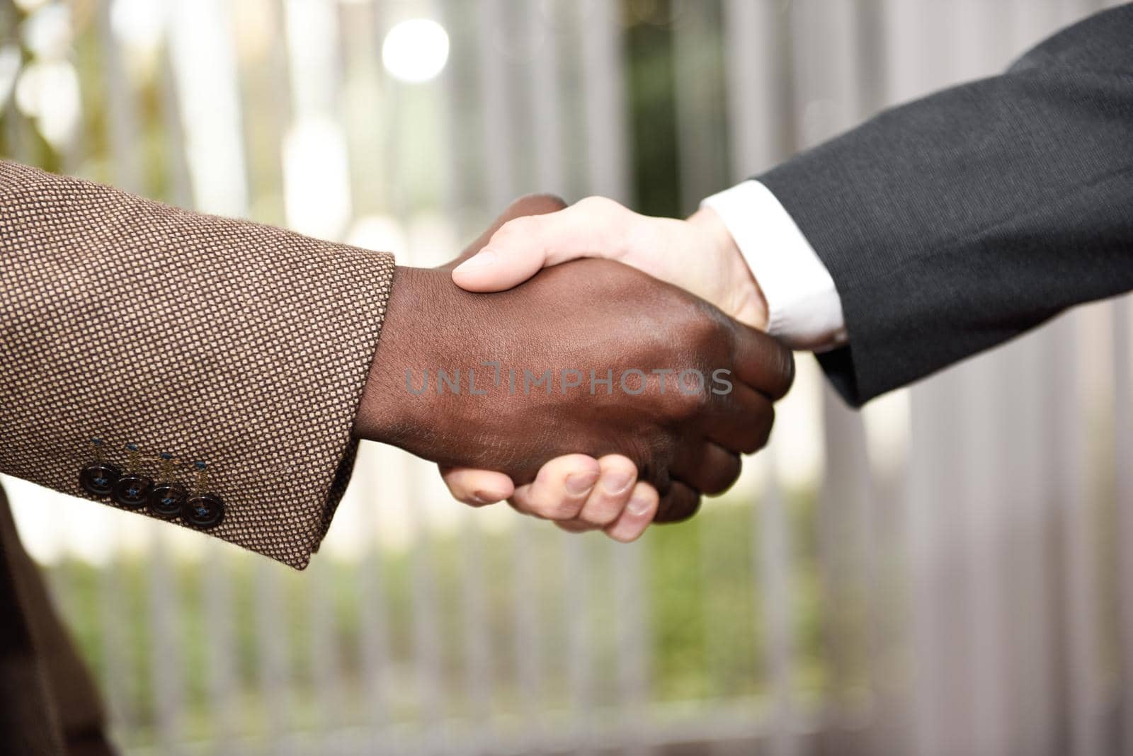 Black businessman shaking hands with a caucasian one by javiindy