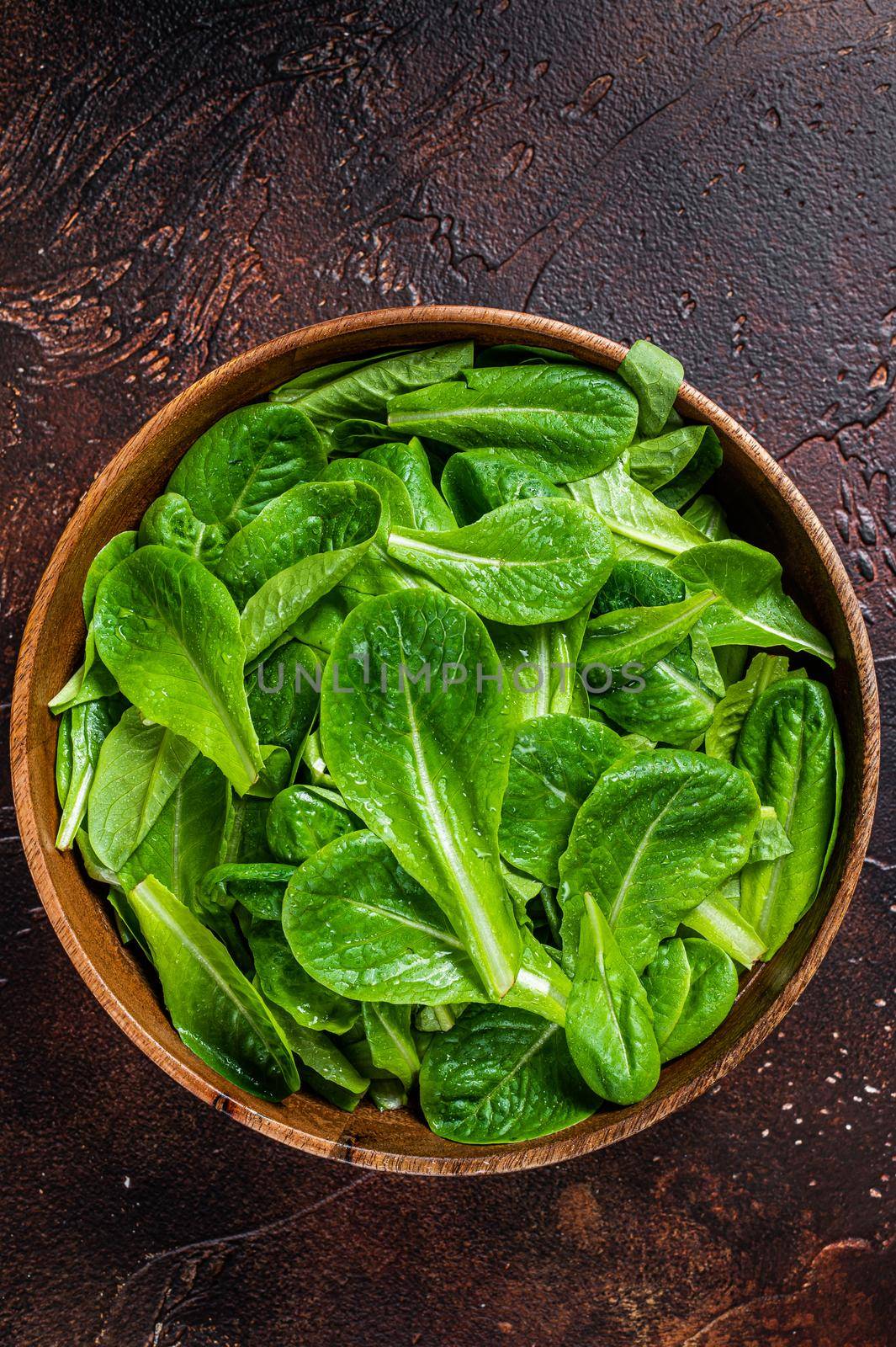 Young romain green salad leaves in wooden plate. Dark background. Top view.