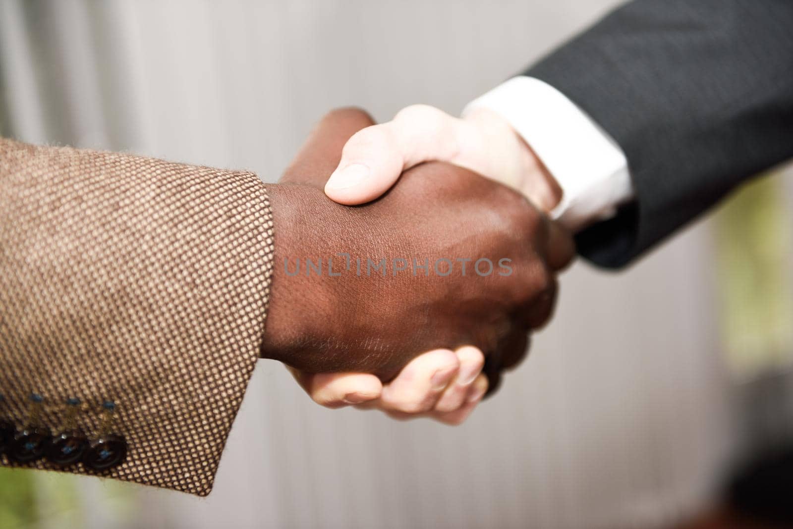 Black businessman shaking hands with a caucasian one by javiindy