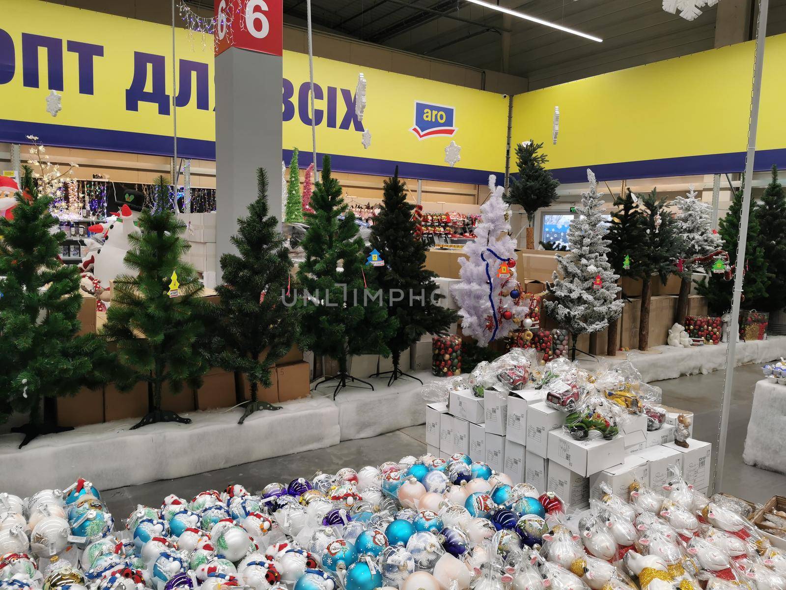 Christmas ornaments. Christmas market store - Christmas decorations in boxes.