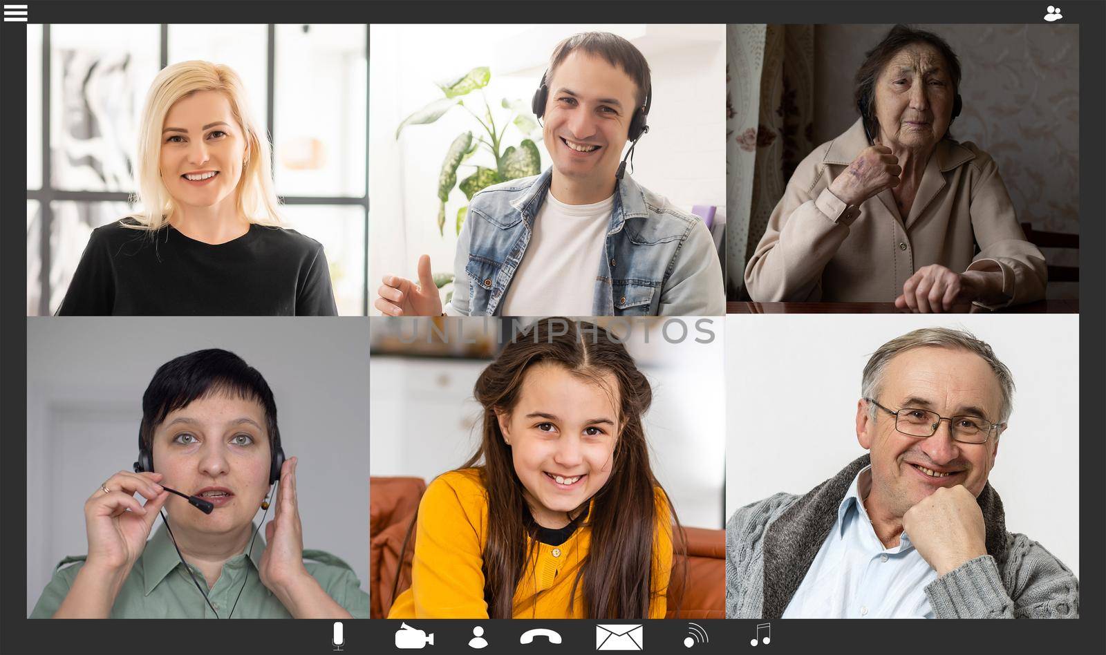 Family chatting distantly using video conferencing service. online virtual chat, relatives glad to see adorable child, enjoying group call.