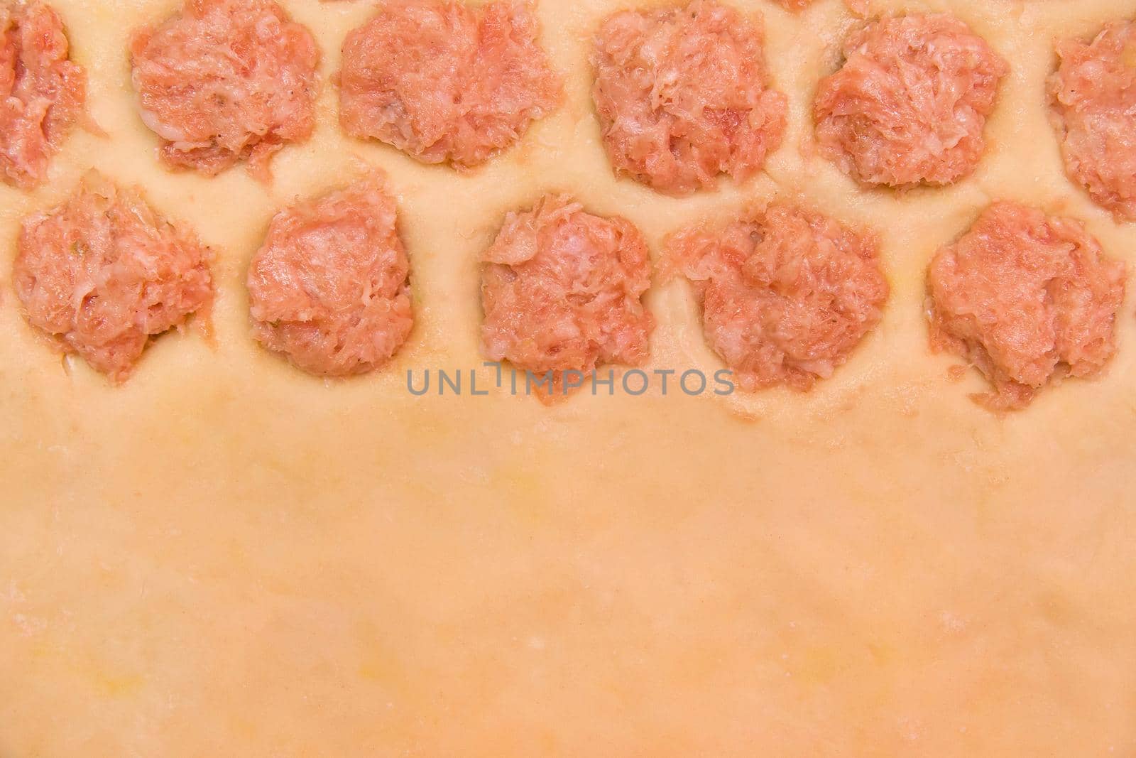 Cooking dumplings at home, uncooked raw meat culinary composition, food background.