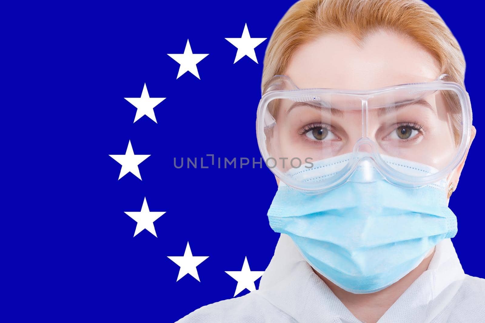 Masked woman face looking at the camera on flag European Union background. The concept of attention to the worldwide spread of the coronavirus worldwide. Coronavirus, virus in EU.