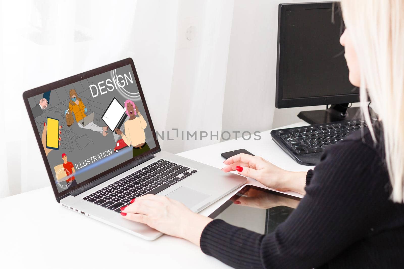 Young successful positive stylish woman freelancer is working on a laptop. Work from apartment remote online. Home office comfortable atmosphere. business internet programmer designer developer by Andelov13