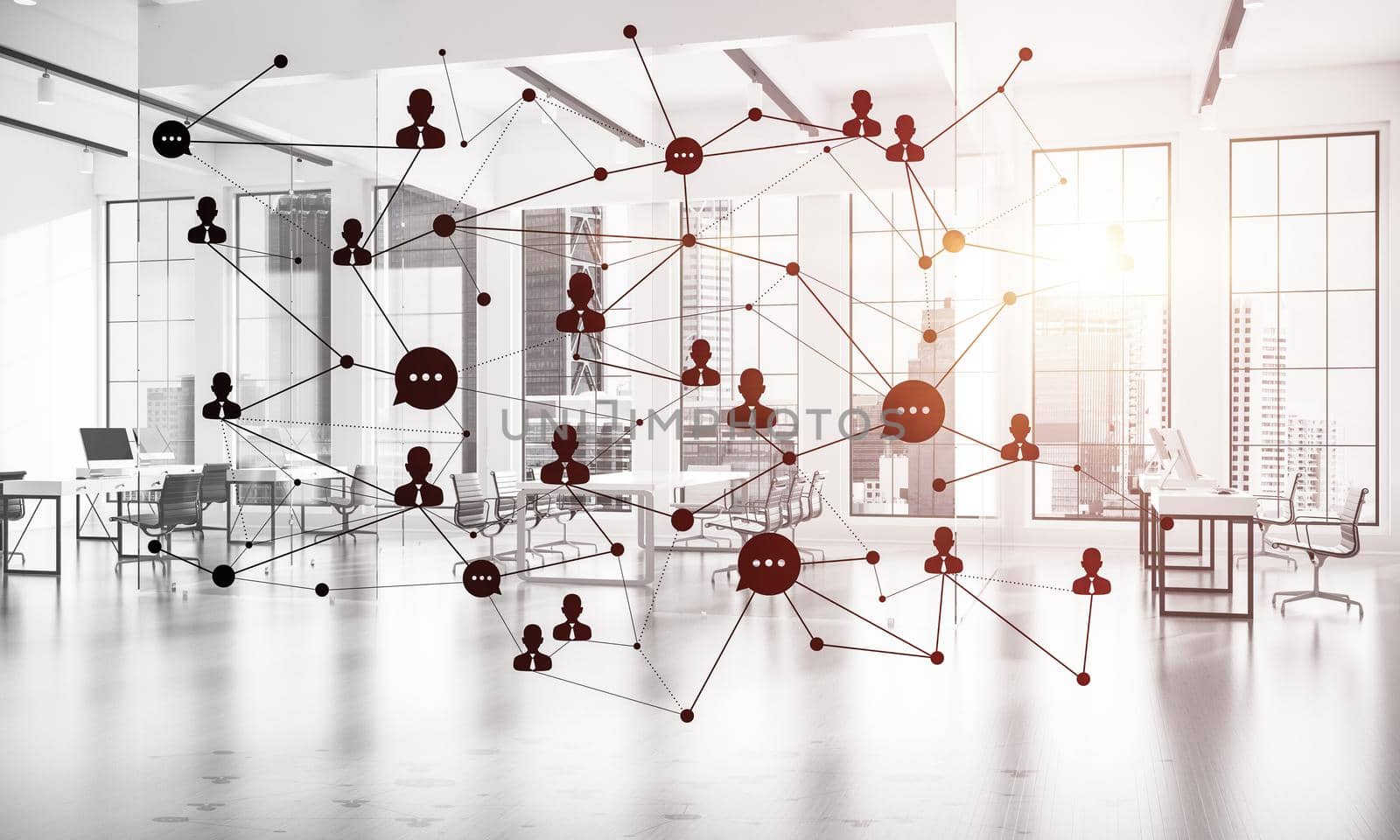 Lines connected with dots as social communication concept in office interior. 3D rendering