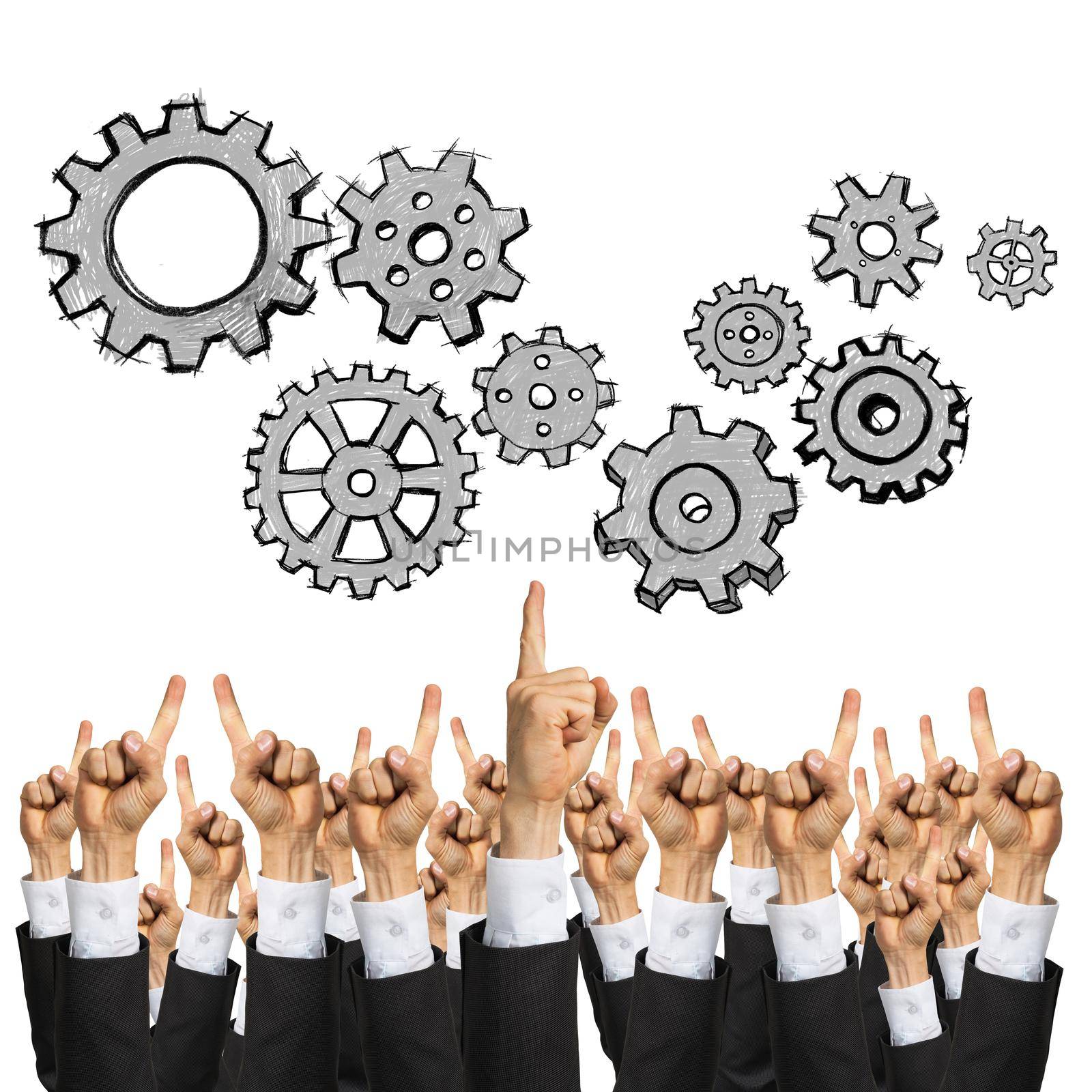 Group of hands of businesspeople showing gestures isolated on white