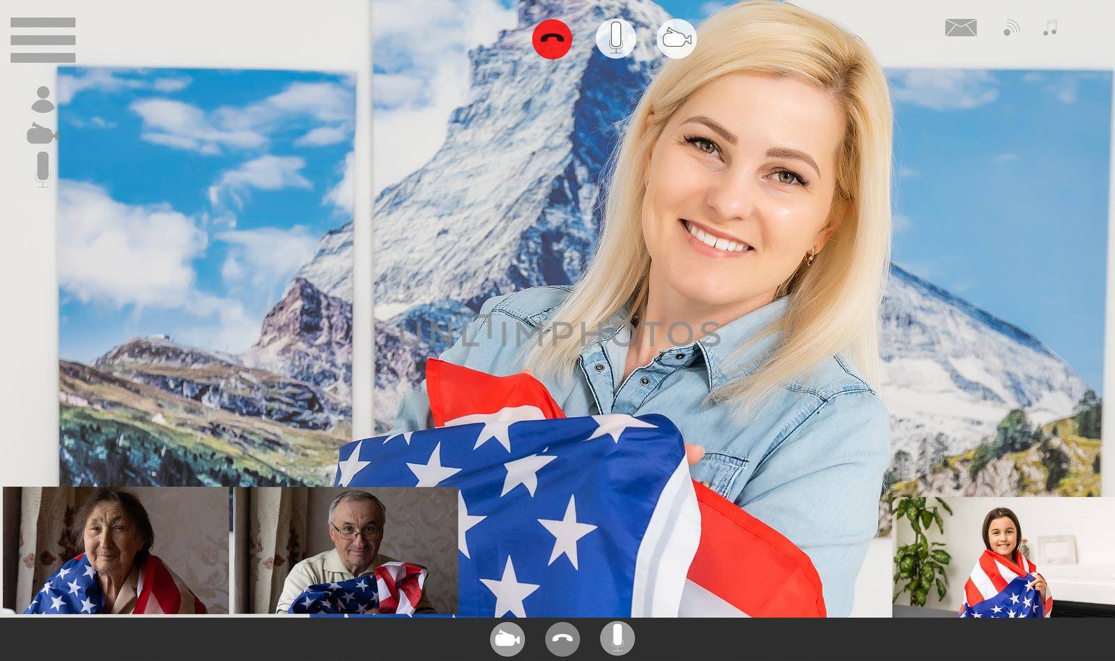 laptop monitor with video conferencing of people with us flag by Andelov13