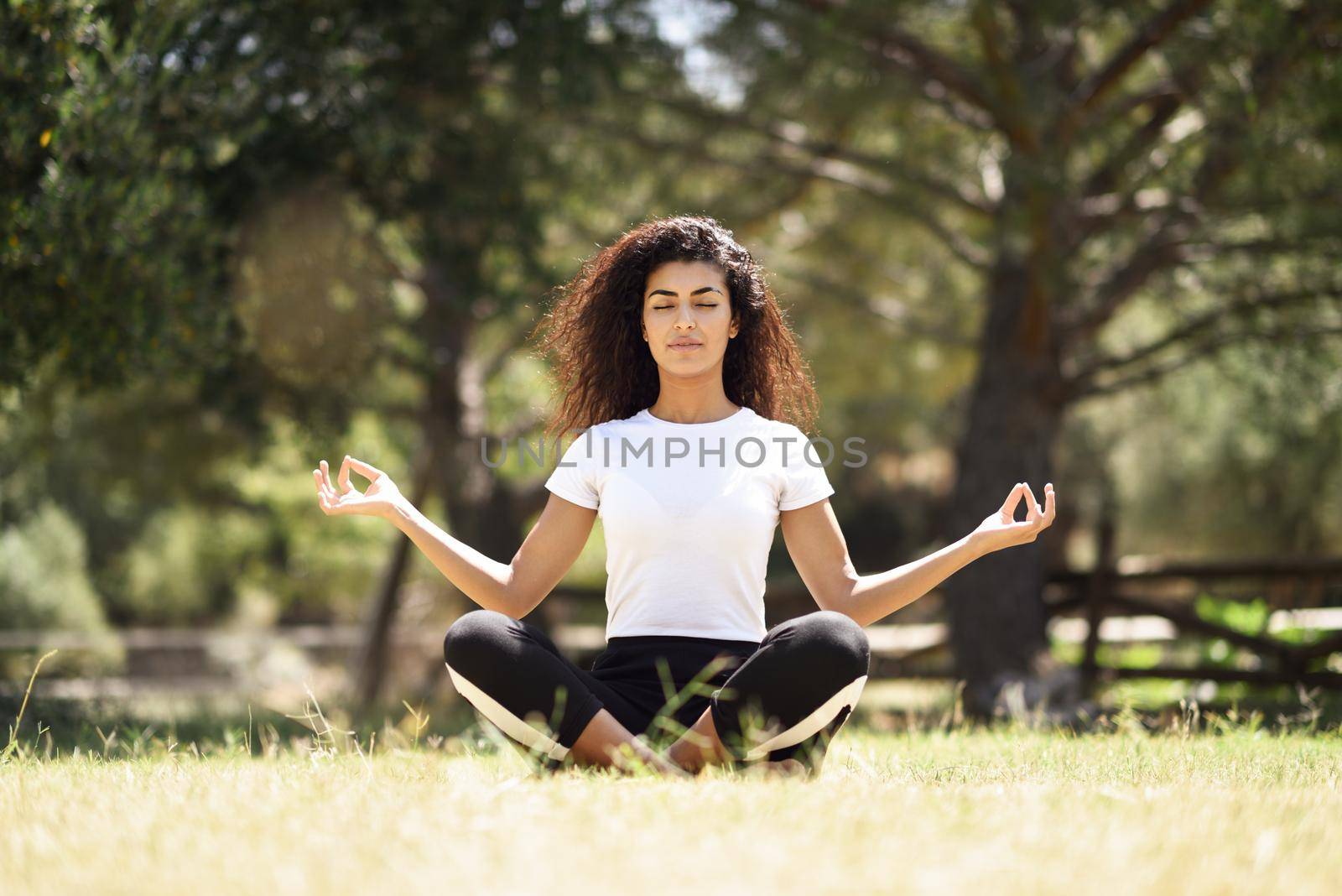 Young Arab woman doing yoga in nature. North African female wearing sport clothes doing lotus figure in urban park.
