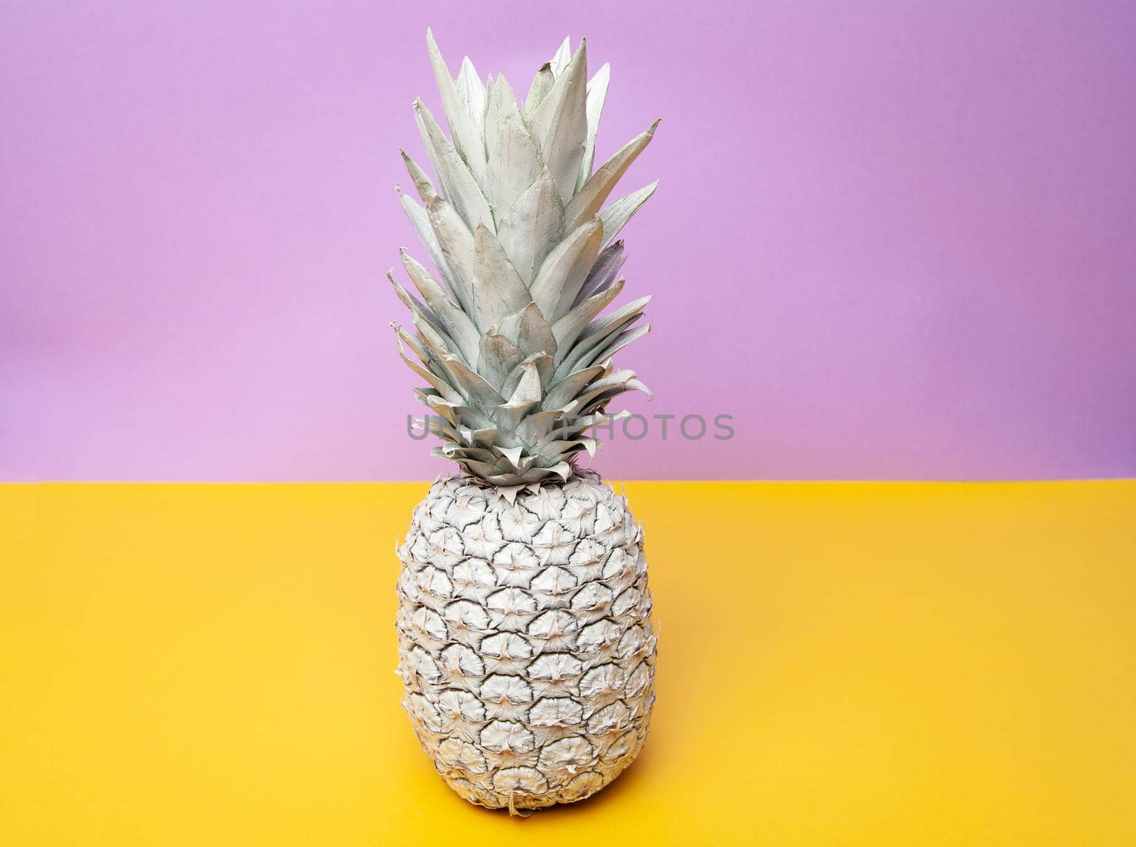 White whole fresh pineapple placed on table in modern studio on violet and yellow background