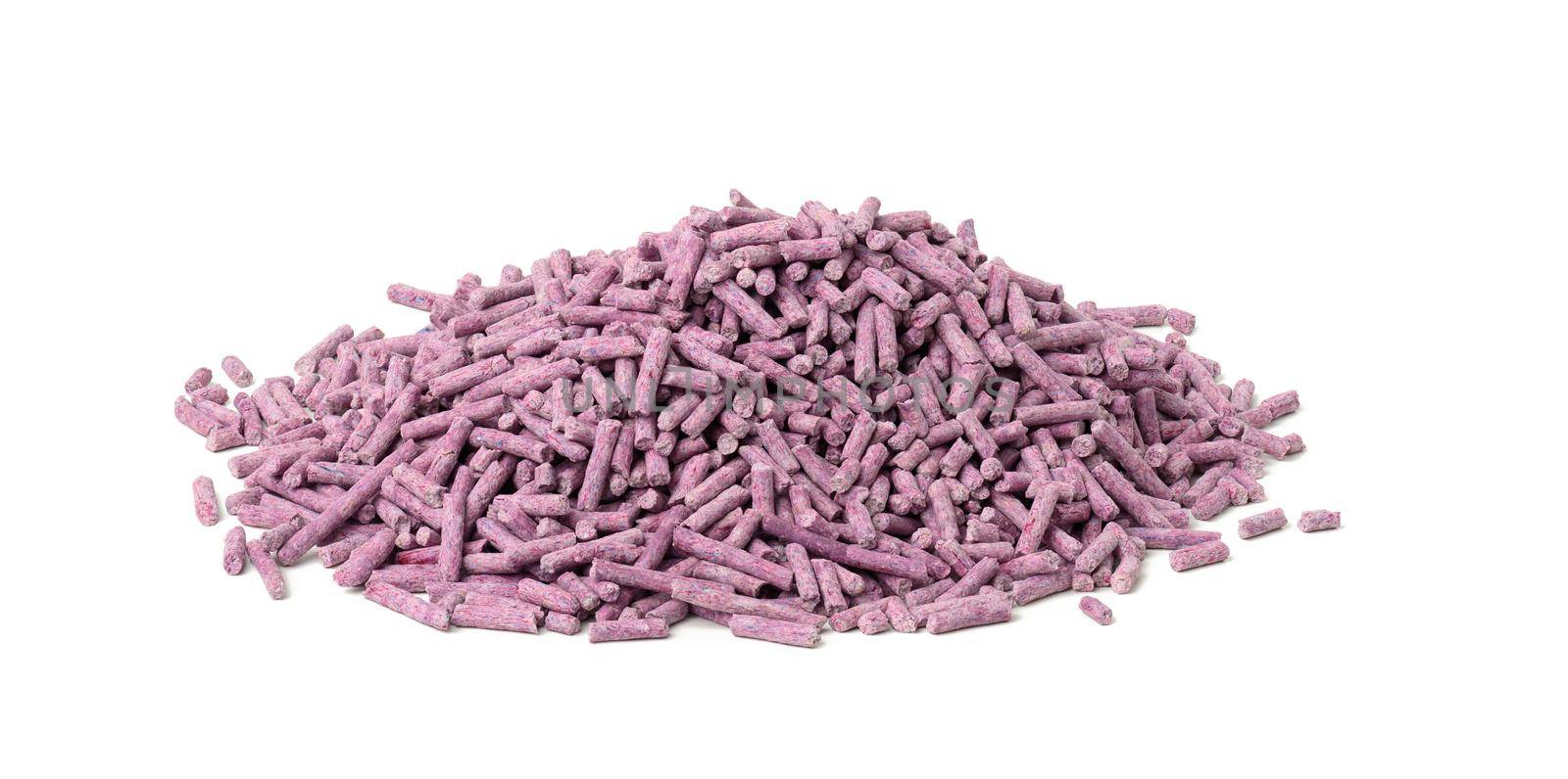 pile of pressed purple cat litter isolated on white background. Granules with lavender scent by ndanko