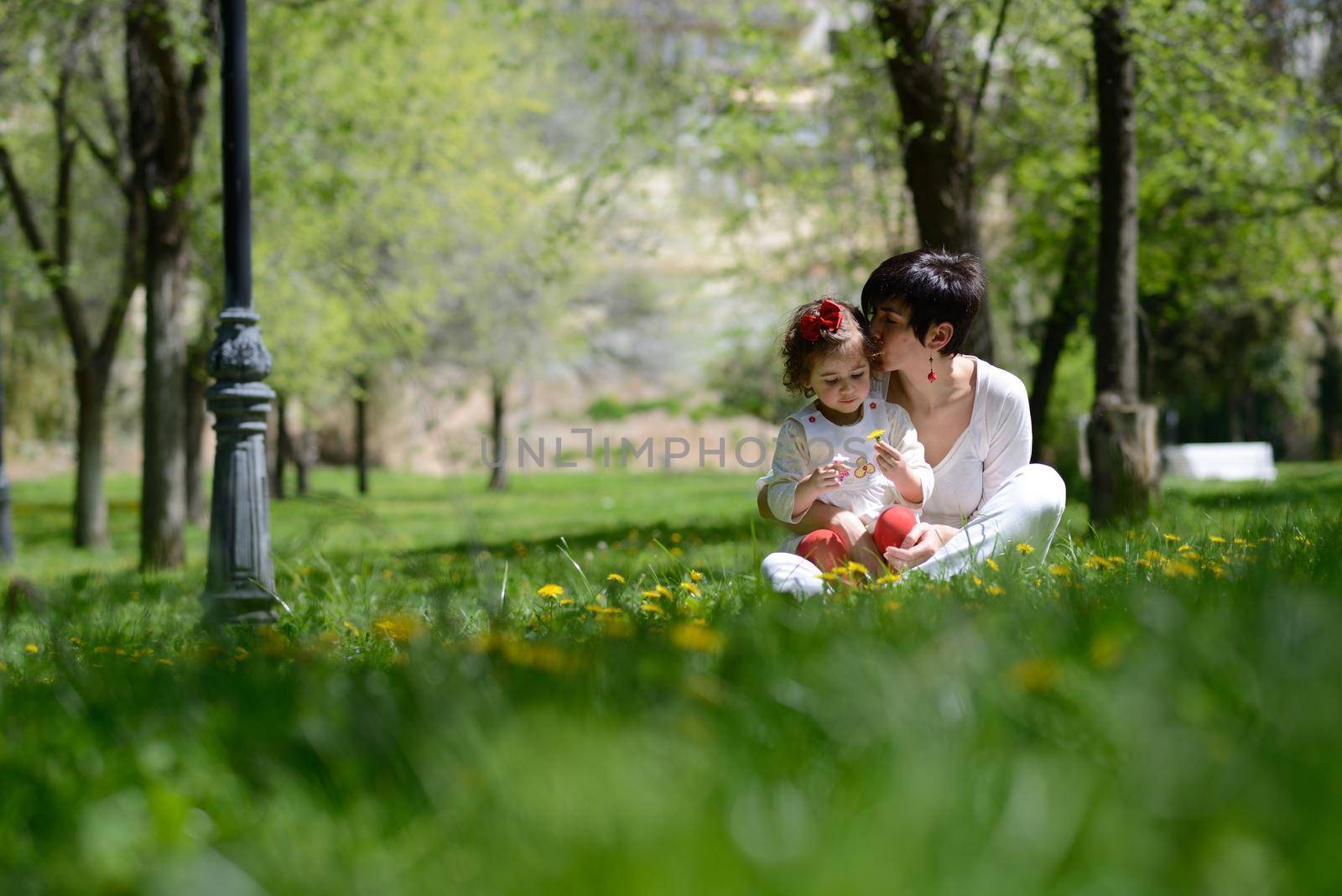 Portrait of mother and little girl playing in the park