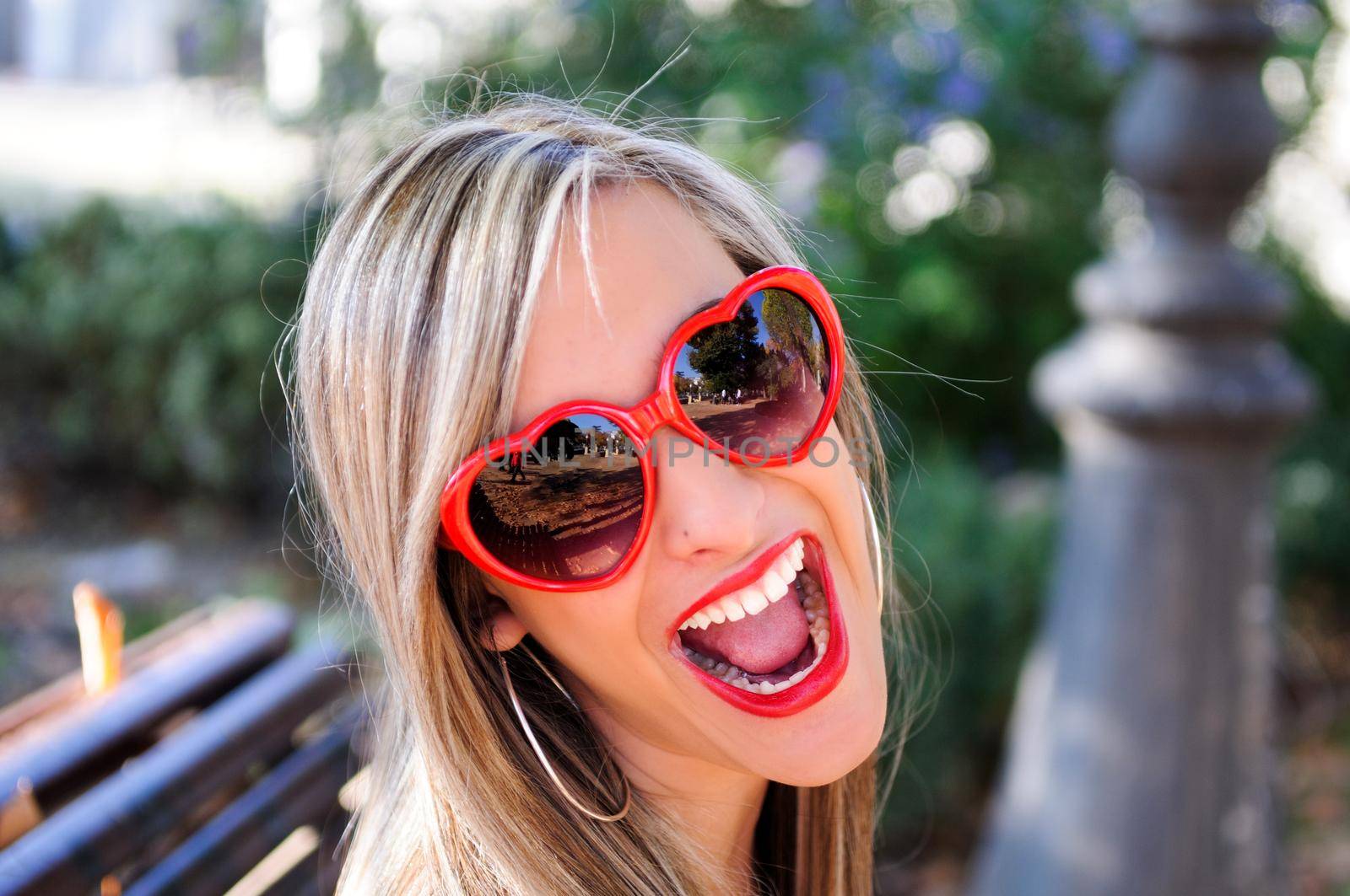 Funny girl with red heart glasses by javiindy