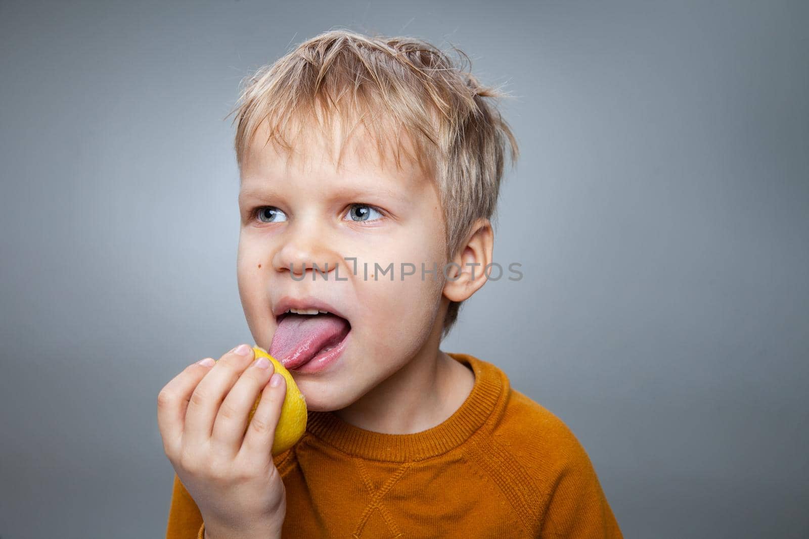 Happy child eating lemon in gray studio by Julenochek
