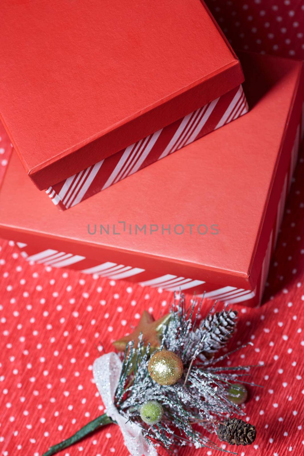 Christmas gift boxes and twig of Christmas tree on a red wrapping paper
