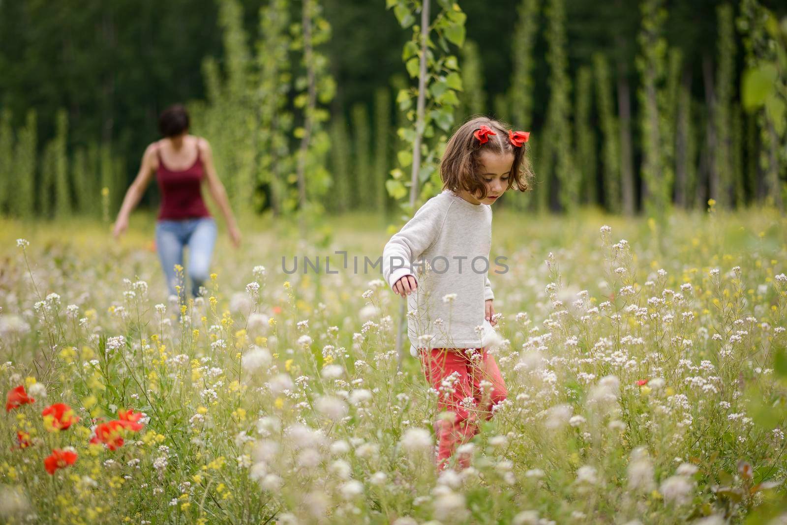 Mother with her little daughter in poppy field by javiindy