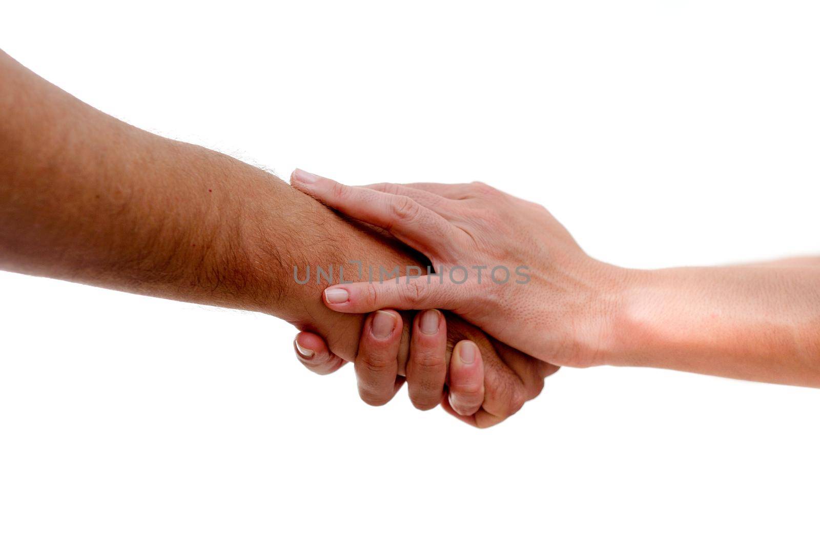 Hand shake between a man and a woman isolated on white