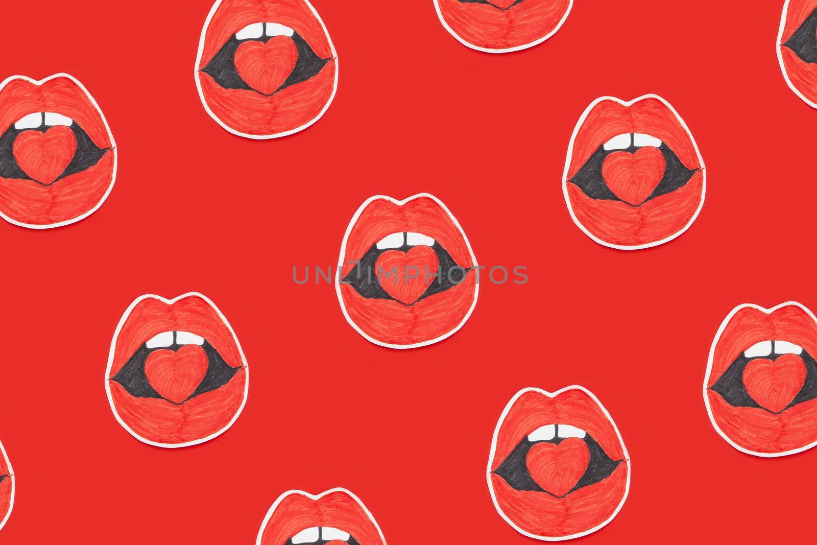 Background of similar stickers with red lips and heart in mouth by Julenochek