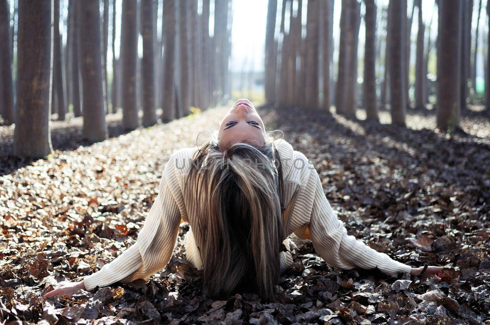 Beautiful blonde girl lying on leaves in a forest of poplars by javiindy