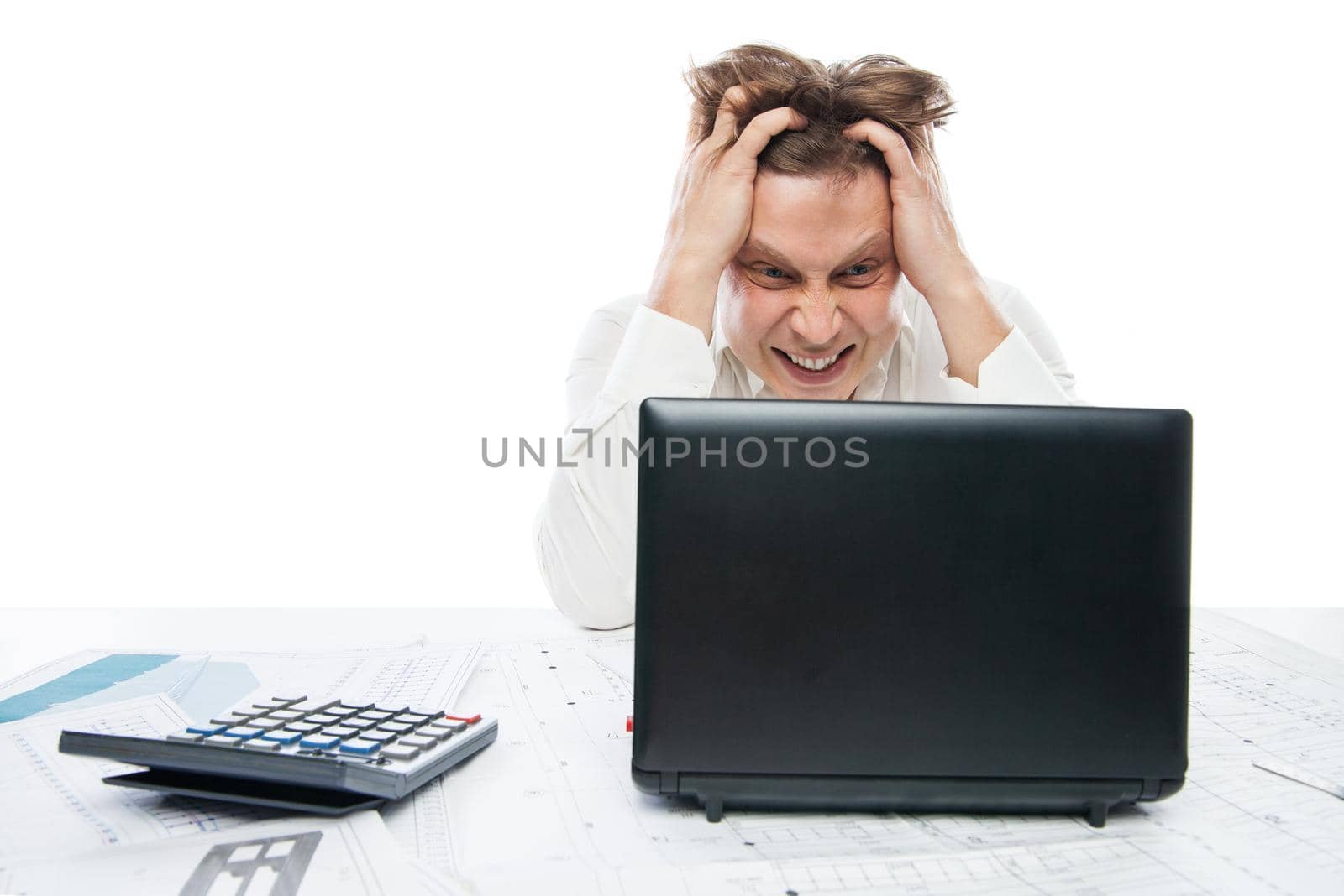 Concept of stressed busibnessman at work isolated over white