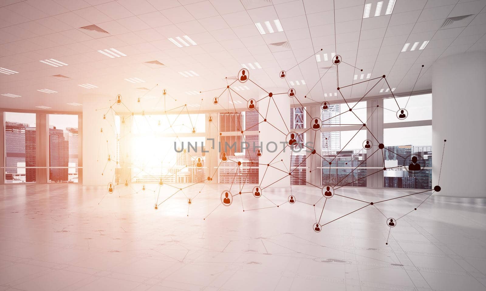 Lines connected with dots as social communication concept in office interior. 3D rendering