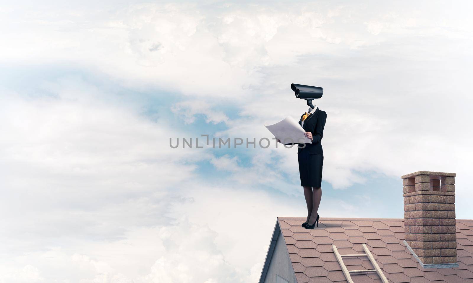 Faceless businesswoman with camera zoom instead of head standing on house roof