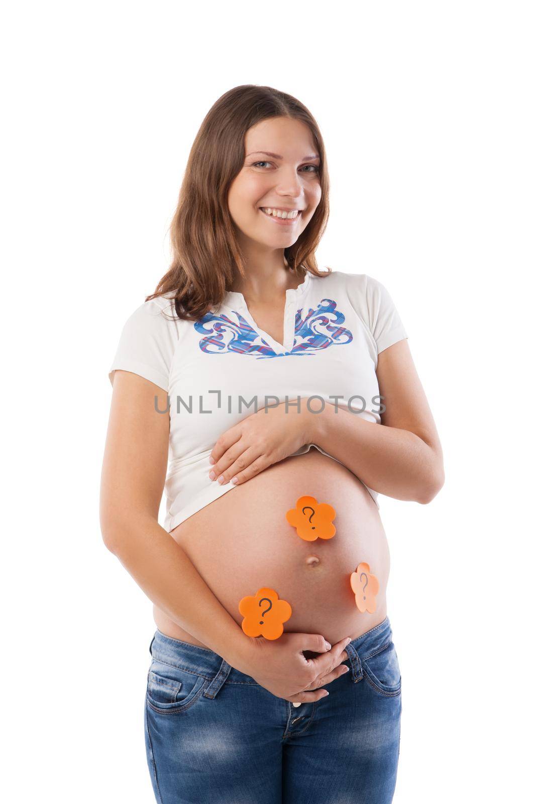 Pregnant woman with stick notes on her belly isolated over white