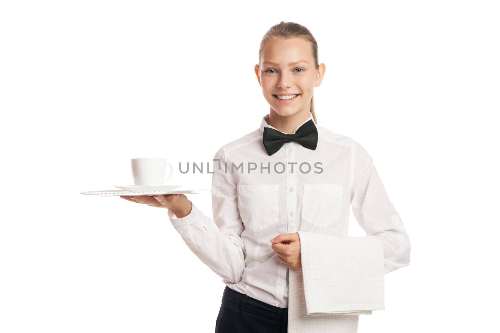 Smiling waitress with cup of coffee on tray and towel
